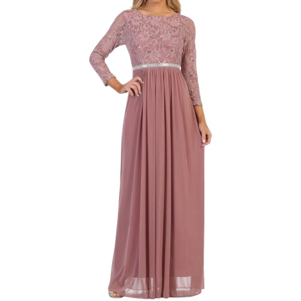 Celavie Long Bodice Lace & Chiffon Gown With SequinWith Rhinestone Mauve Large